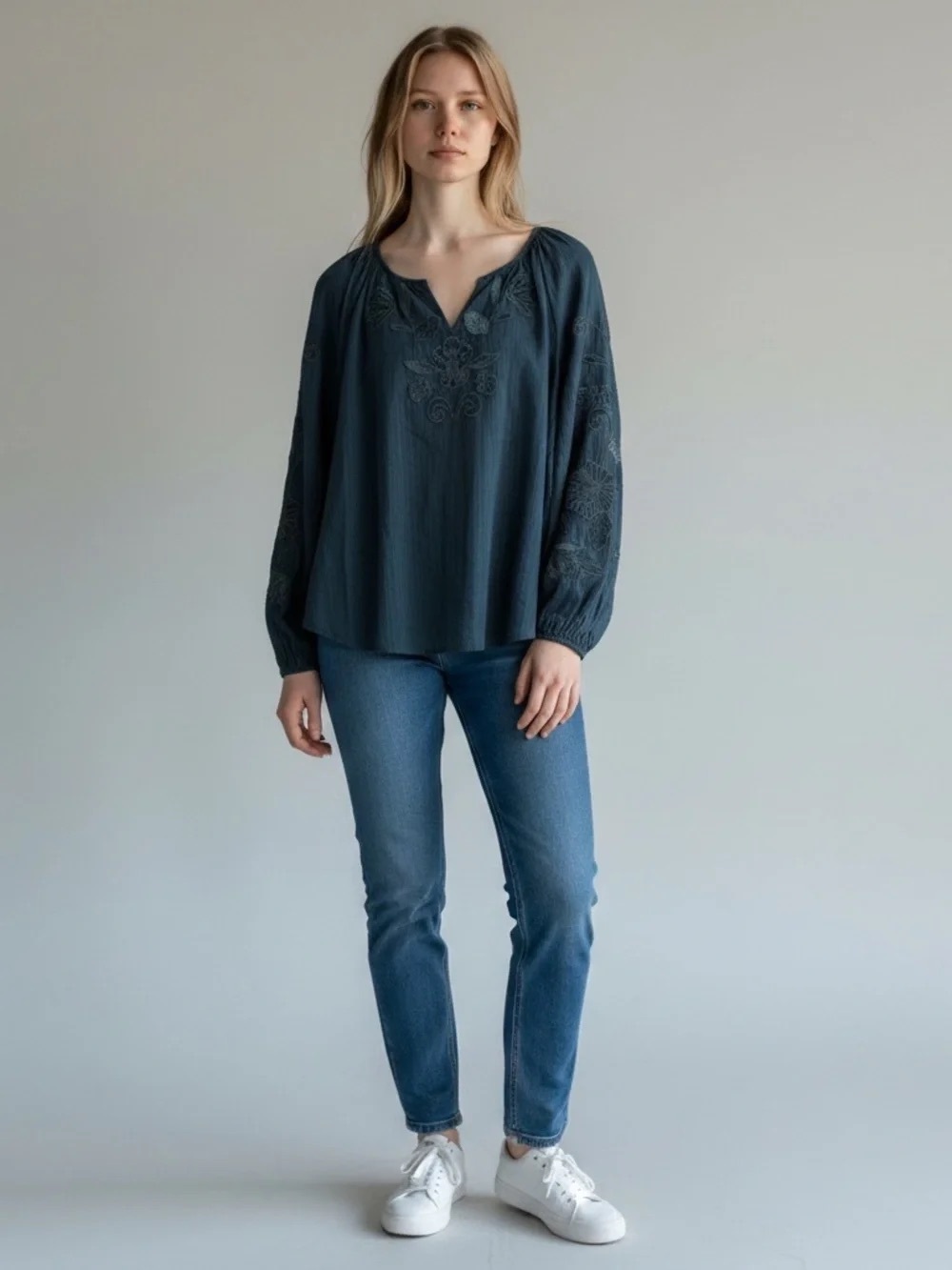 J. Jill Embroidered Peasant Blouse With Velvet Appliqué